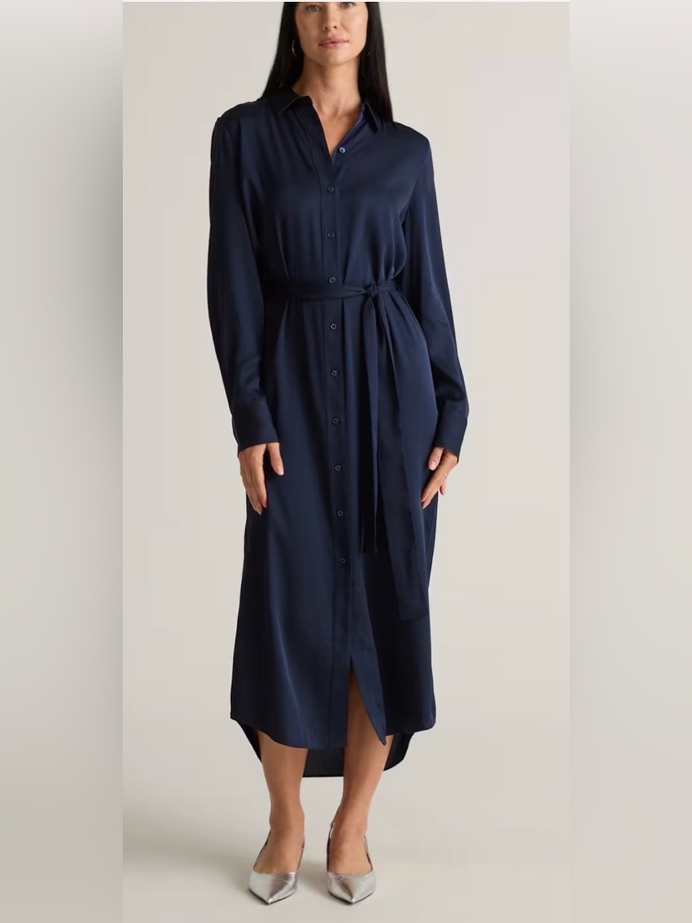Quince Washable Stretch Silk Shirt Dress – Navy Sz M